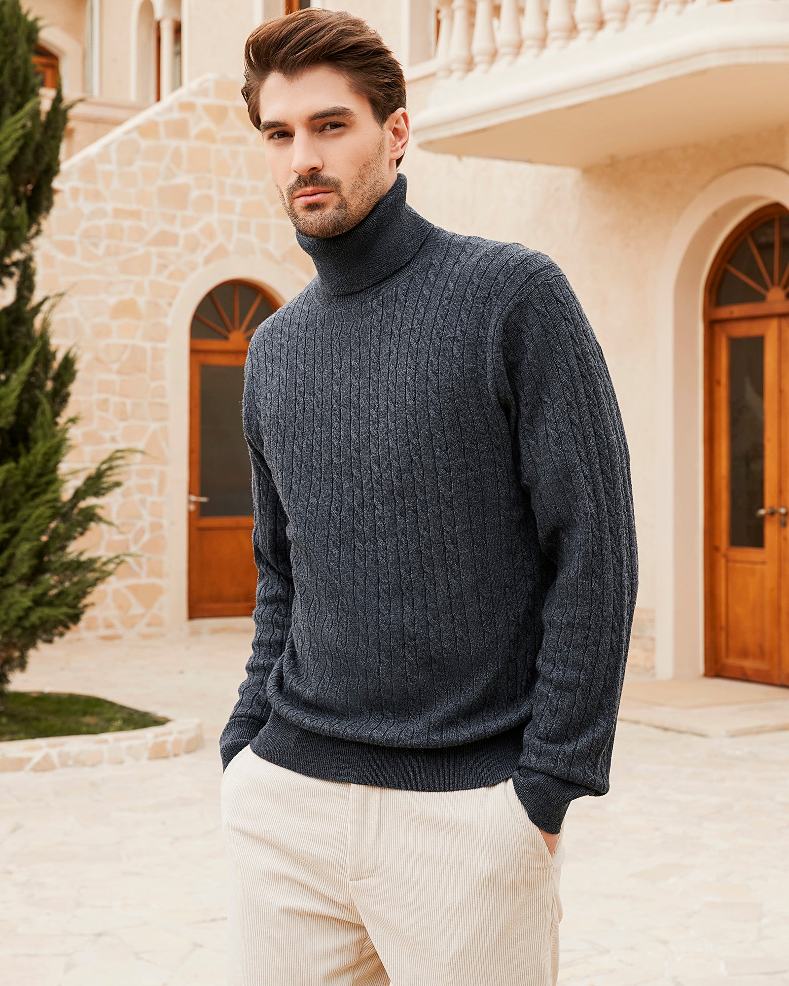 Kallspin Wool Blend Cable-Knit Turtleneck Pullover - Premium Men's Clothing