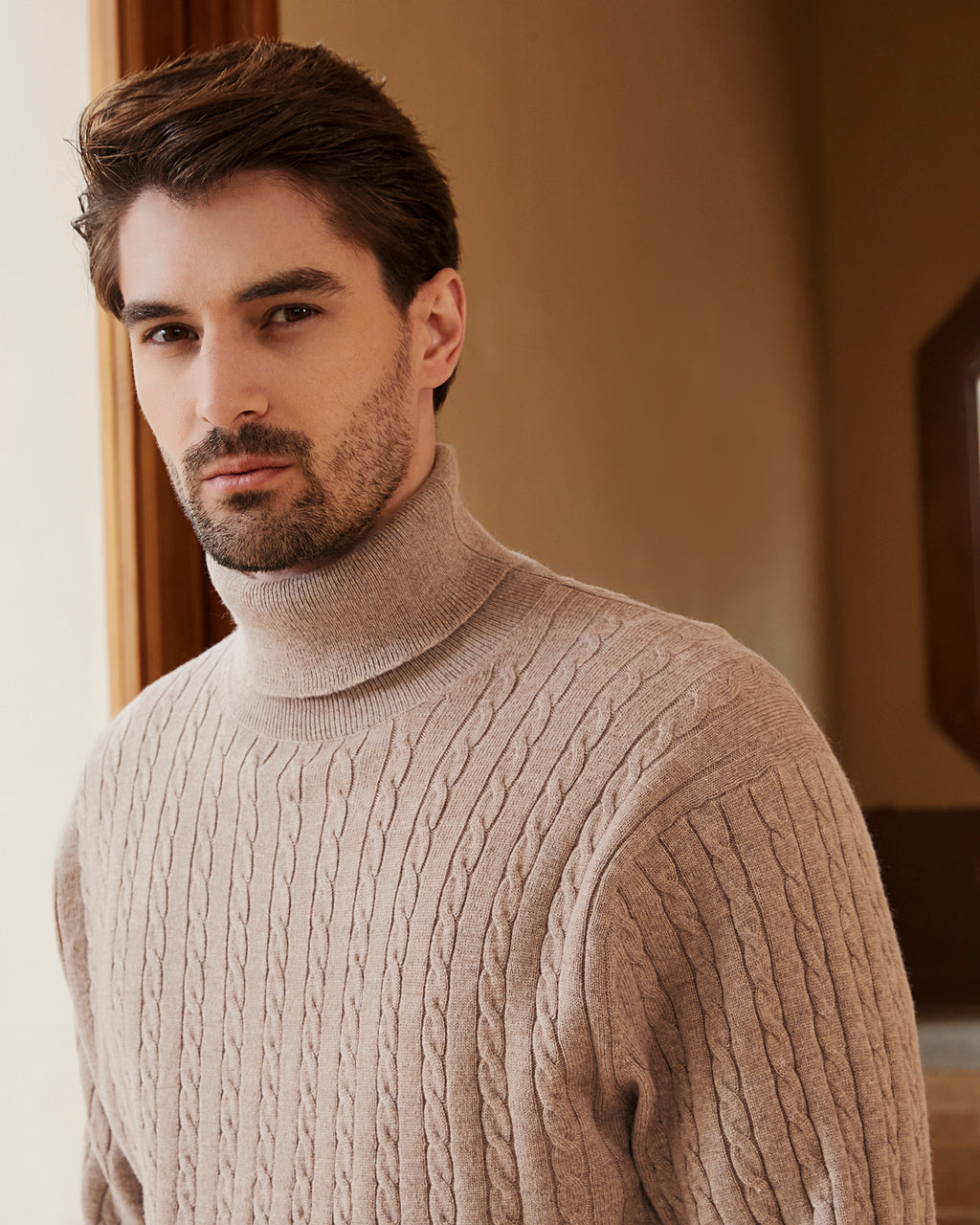 Kallspin Wool Blend Cable-Knit Turtleneck Pullover - Premium Men's Clothing