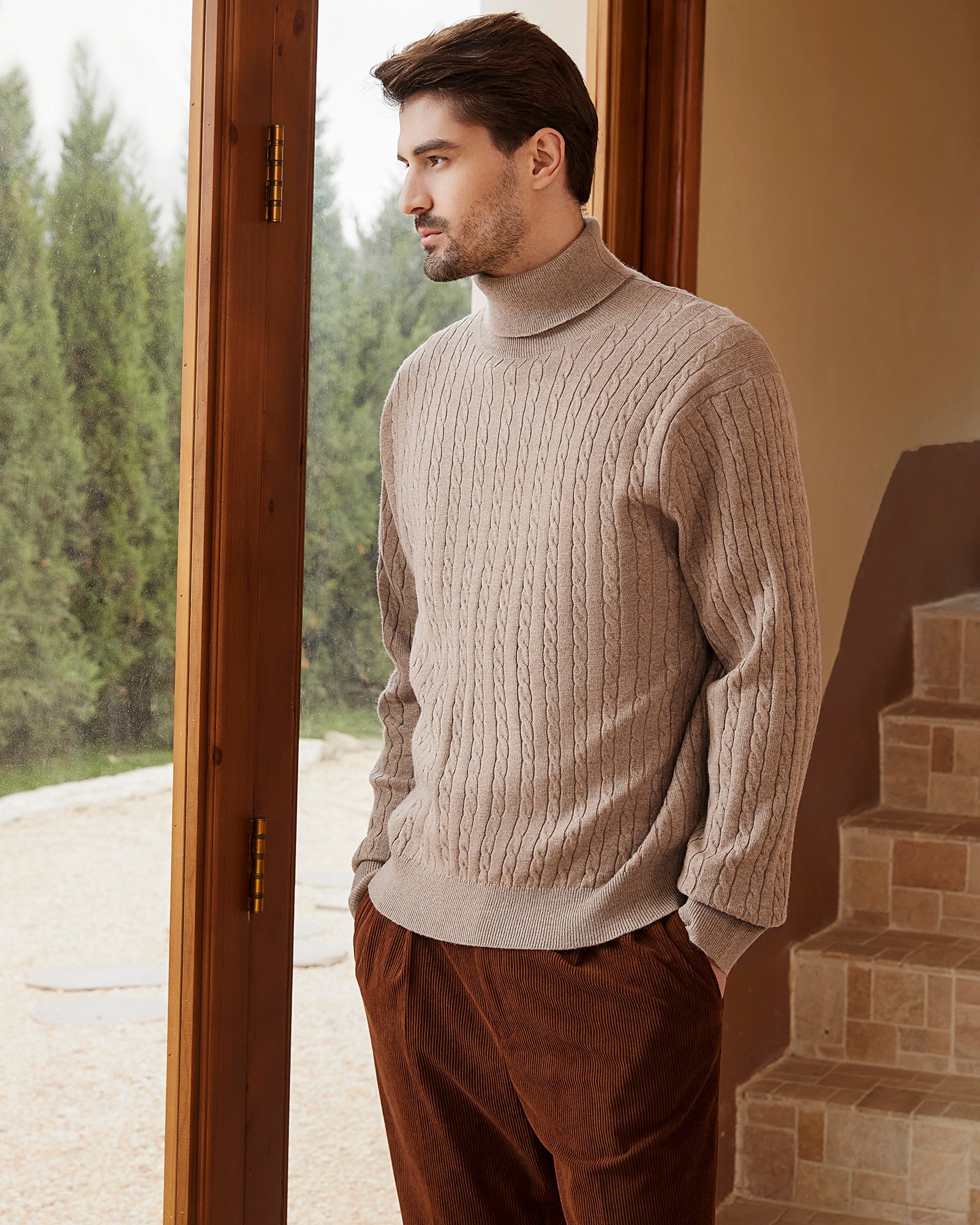Kallspin Wool Blend Cable-Knit Turtleneck Pullover - Premium Men's Clothing