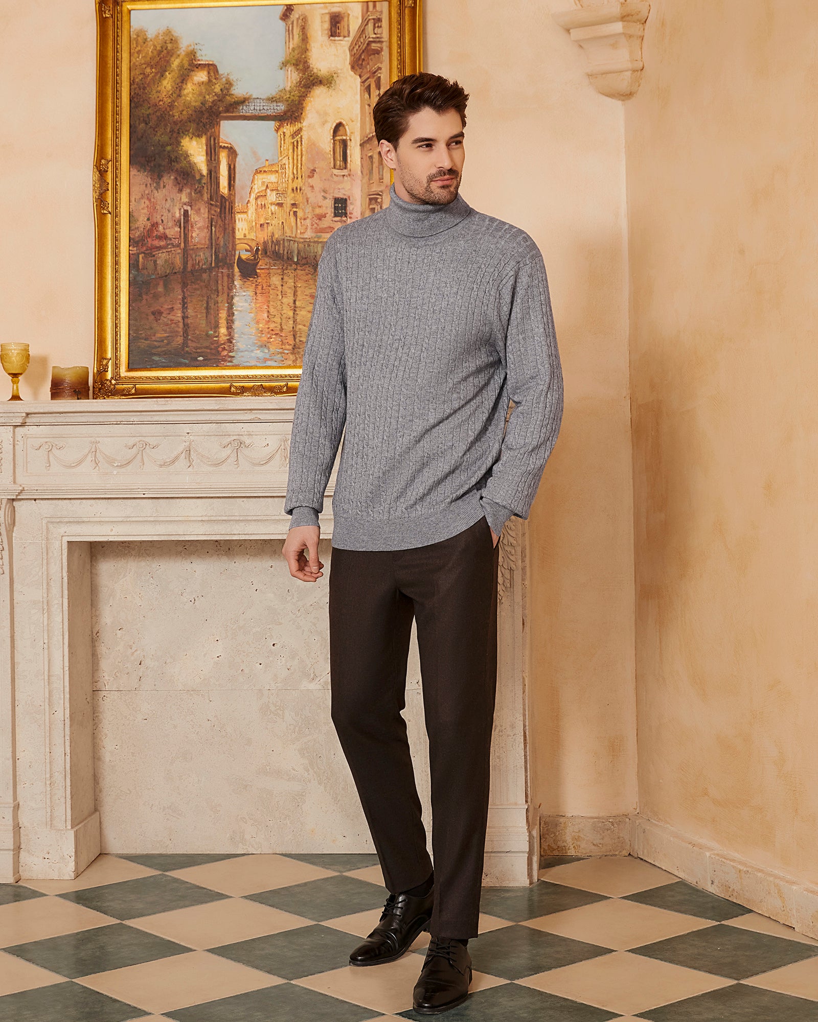 Kallspin Wool Blend Cable-Knit Turtleneck Pullover - Premium Men's Clothing