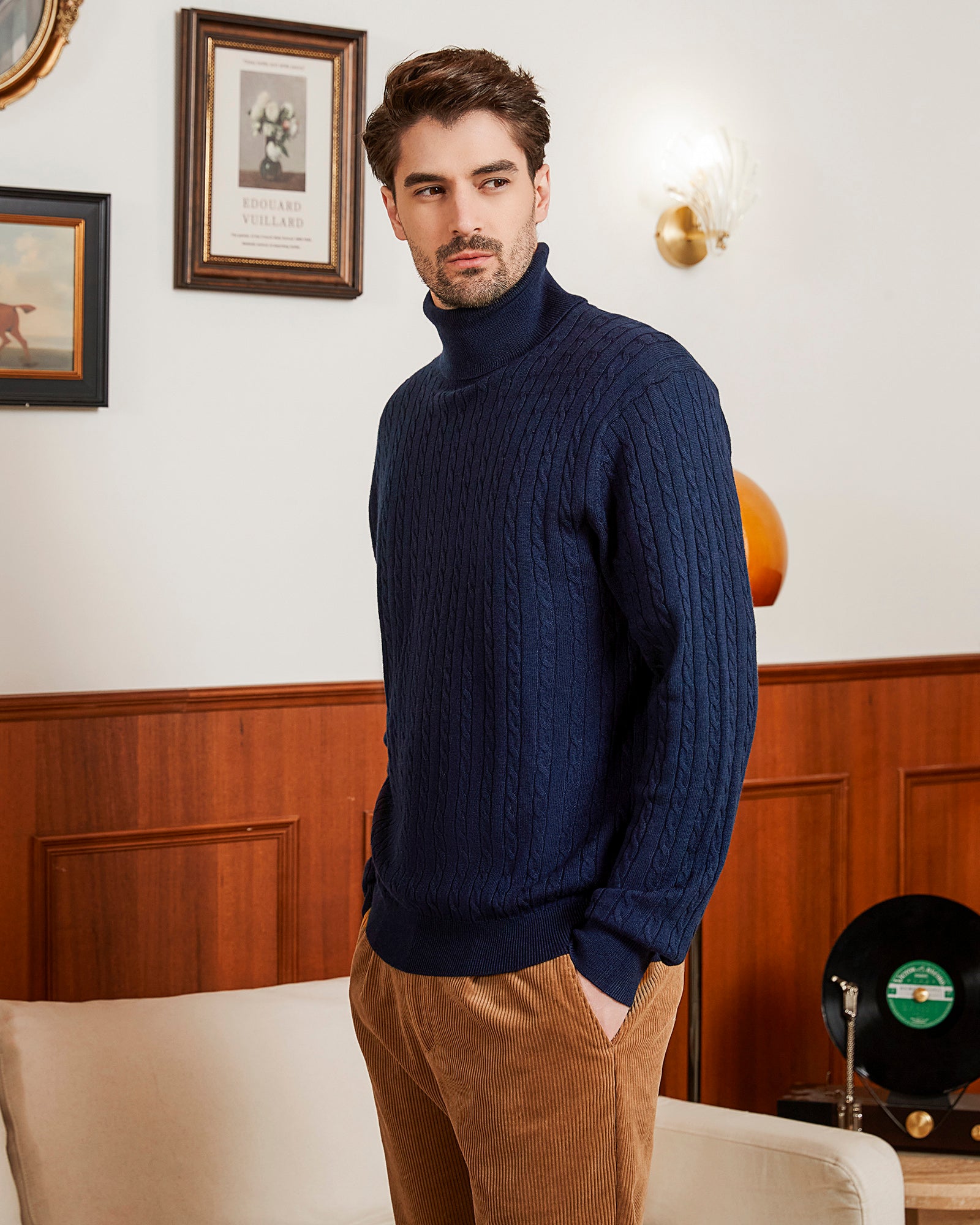 Kallspin Wool Blend Cable-Knit Turtleneck Pullover - Premium Men's Clothing