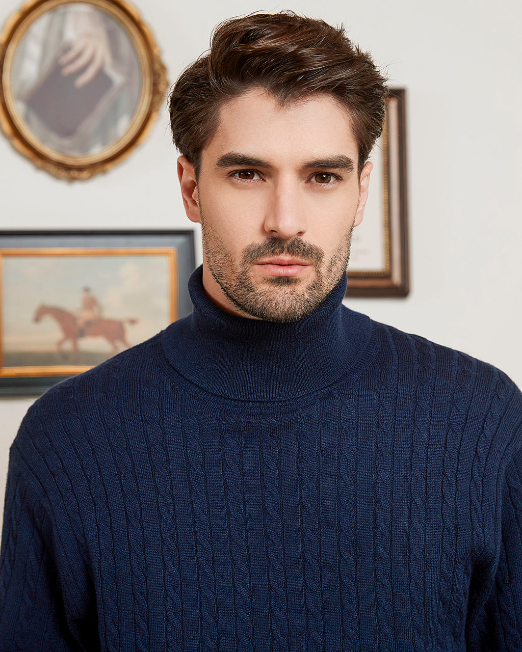 Kallspin Wool Blend Cable-Knit Turtleneck Pullover - Premium Men's Clothing