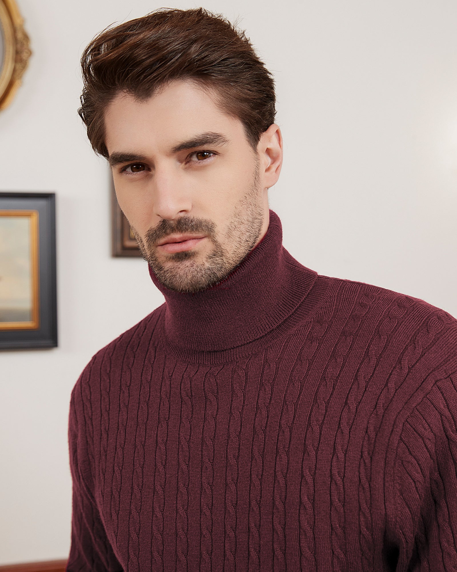 Kallspin Wool Blend Cable-Knit Turtleneck Pullover - Premium Men's Clothing