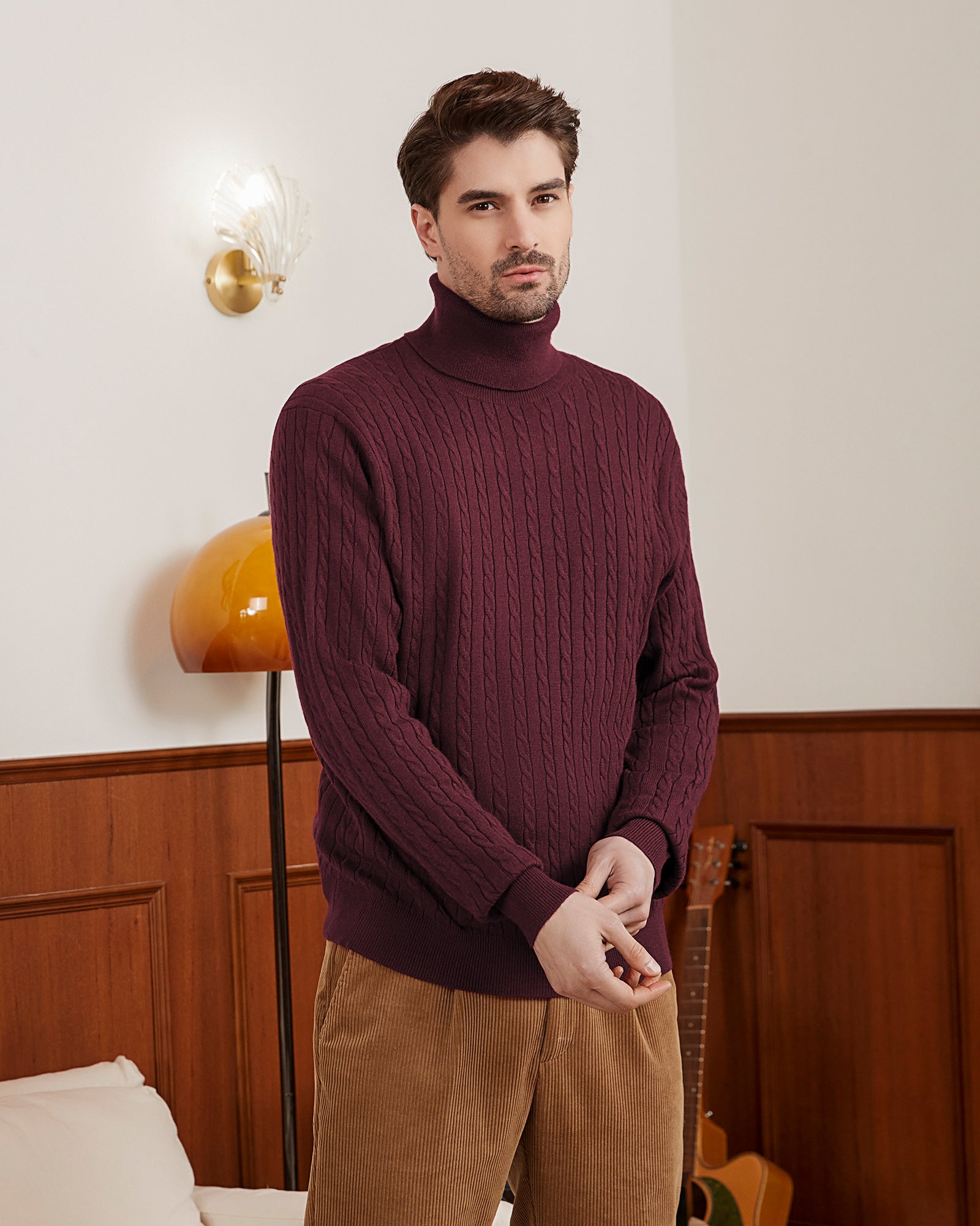 Kallspin Wool Blend Cable-Knit Turtleneck Pullover - Premium Men's Clothing
