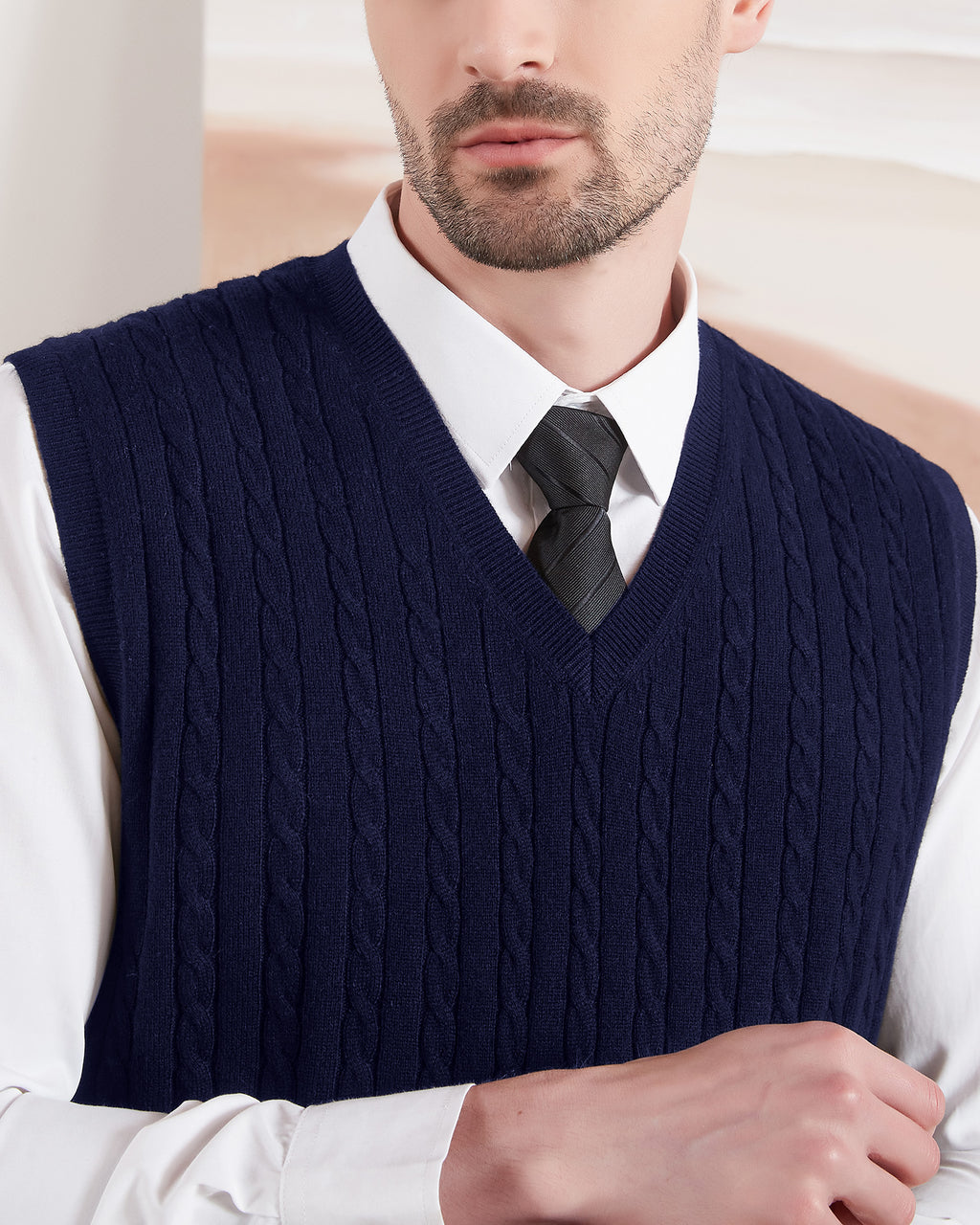 Kallspin Wool Blend Cable-Knit Vest Pullover - Premium Men's Clothing