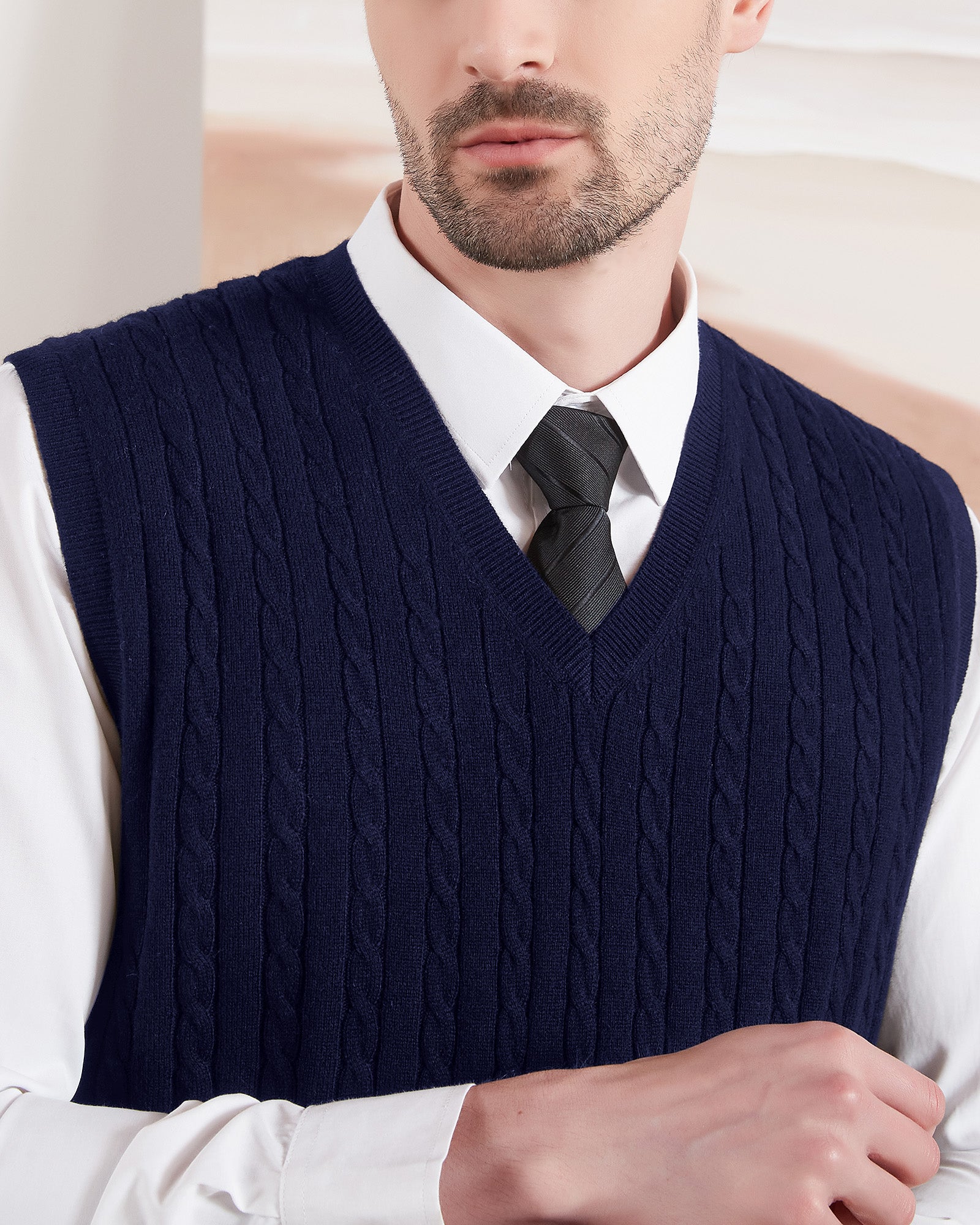 Kallspin Wool Blend Cable-Knit Vest Pullover - Premium Men's Clothing