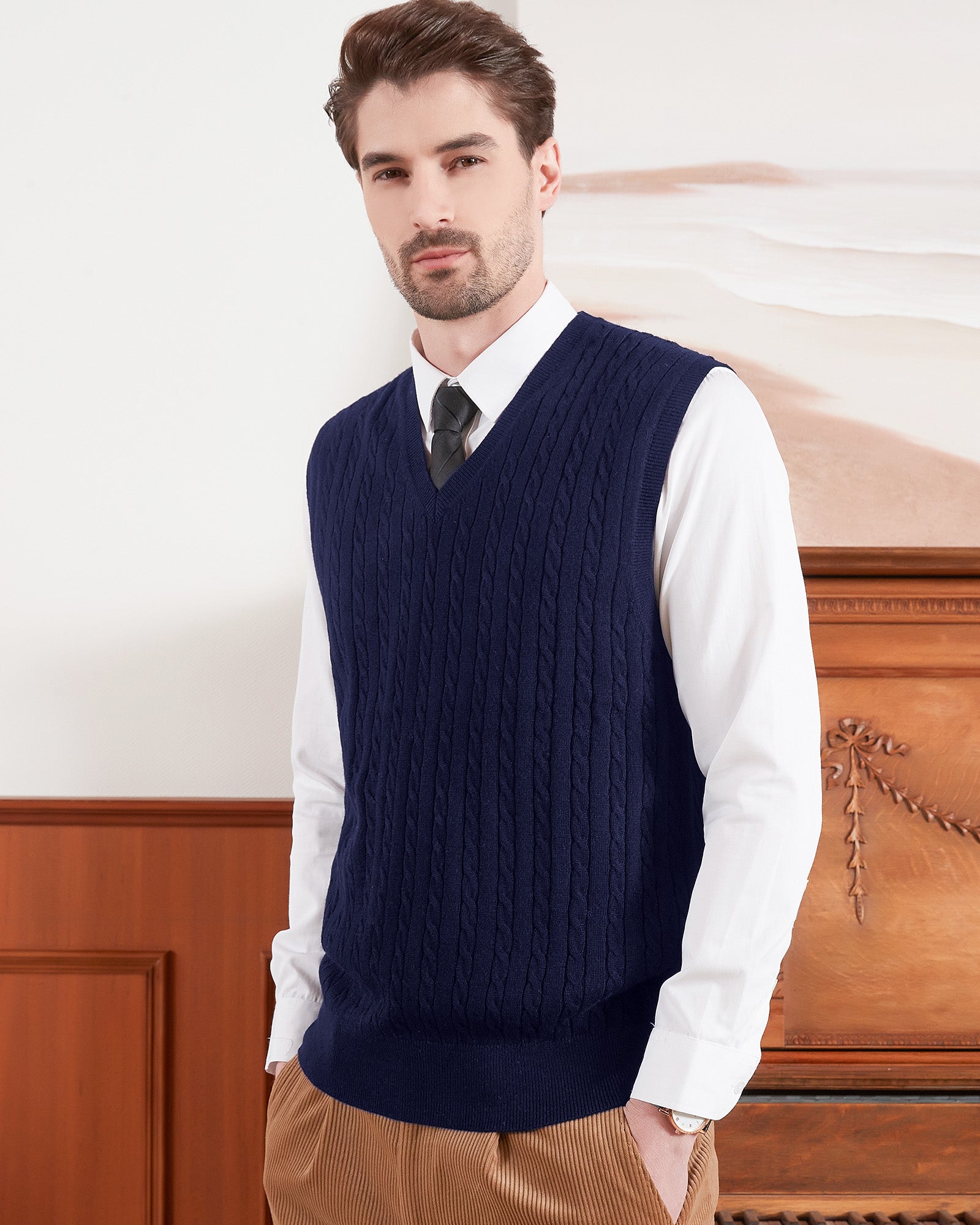 Kallspin Wool Blend Cable-Knit Vest Pullover - Premium Men's Clothing