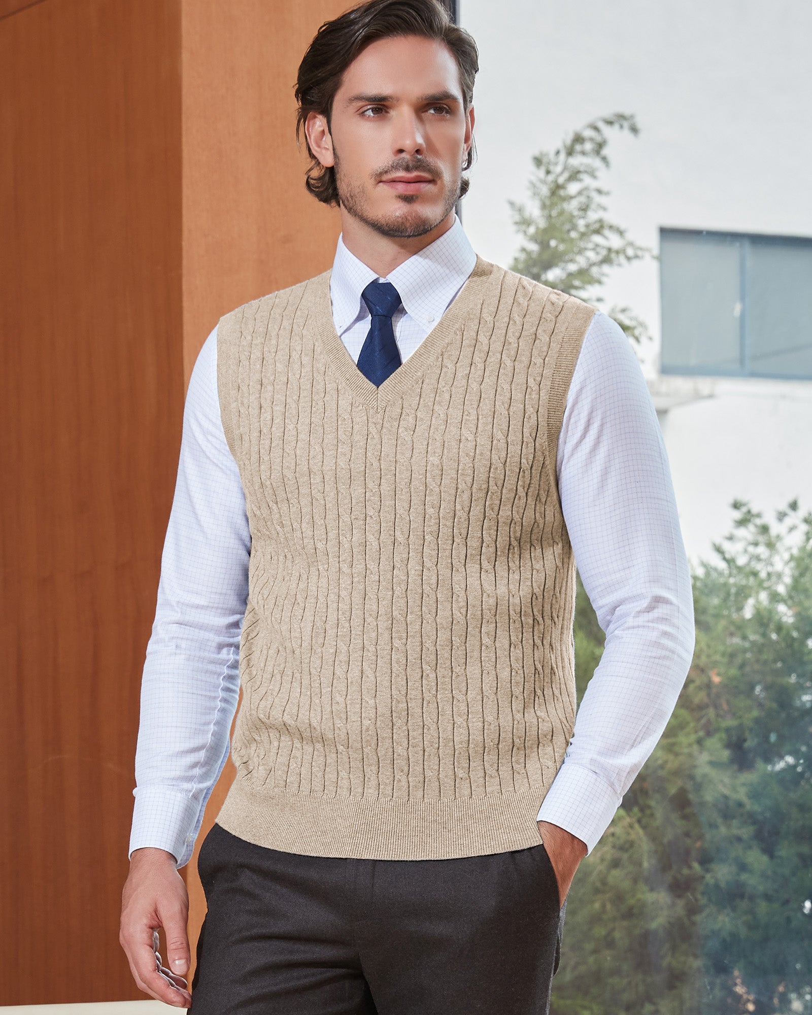 Kallspin Wool Blend Cable-Knit Vest Pullover - Premium Men's Clothing