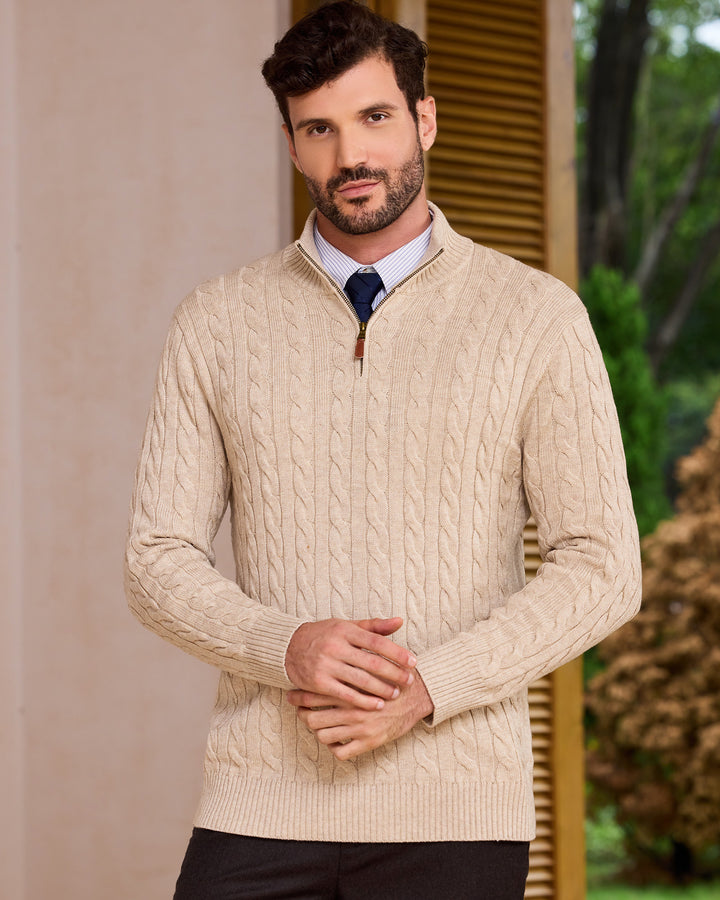 Wool Cable-Knit Quarter-Zip Pullover