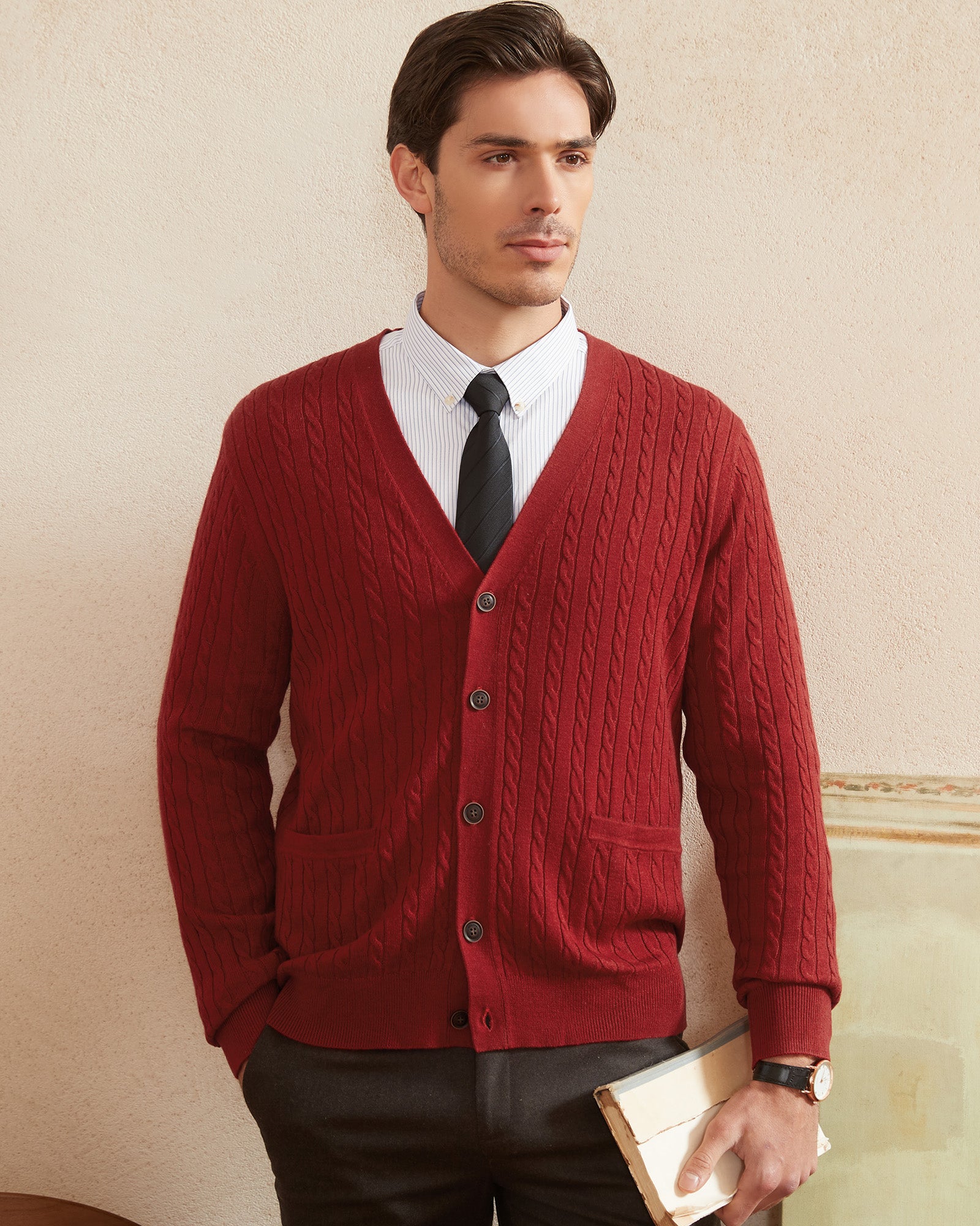 Kallspin Wool Blend Cable-Knit Cardigan - Premium Men's Clothing
