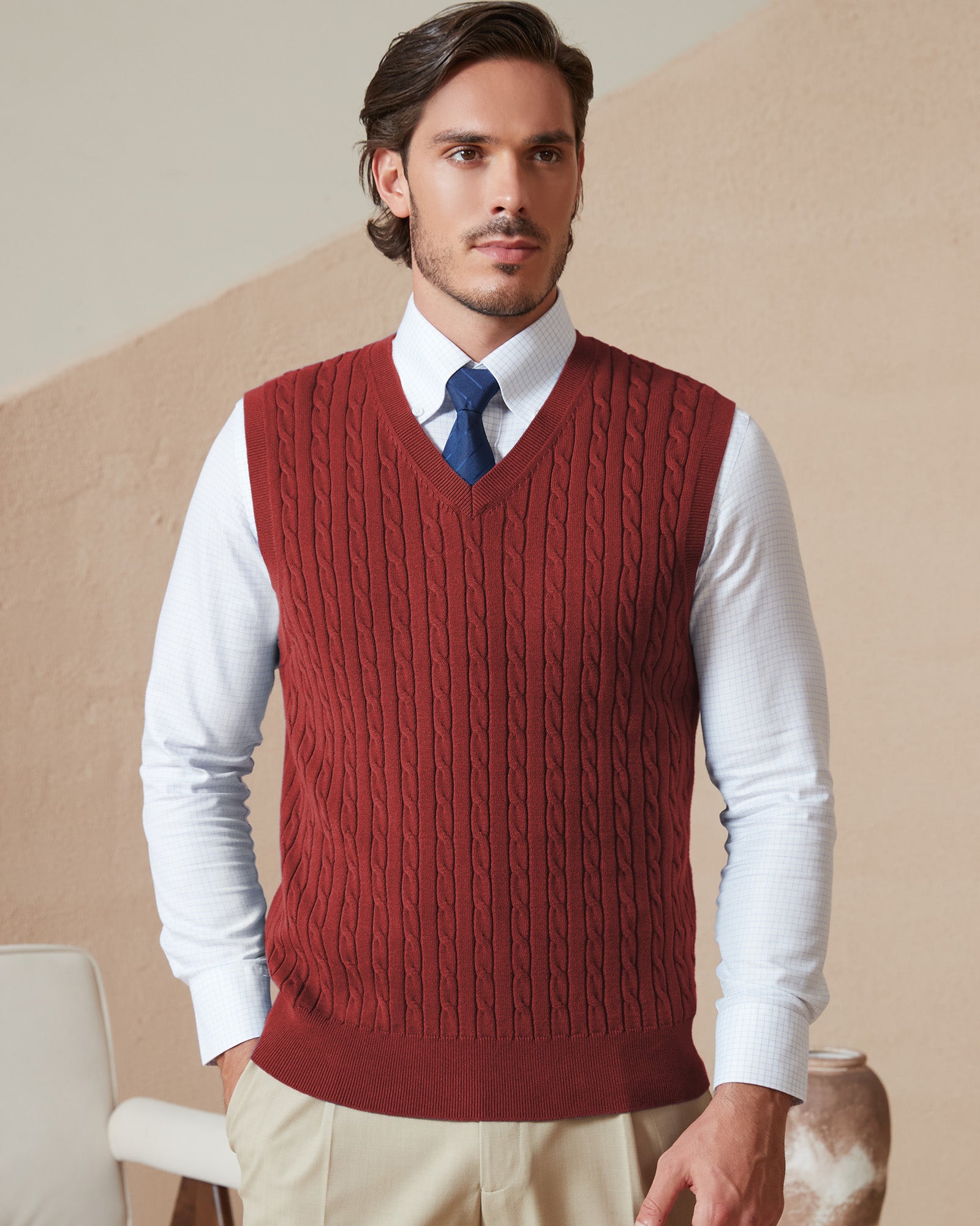 Kallspin Wool Blend Cable-Knit Vest Pullover - Premium Men's Clothing