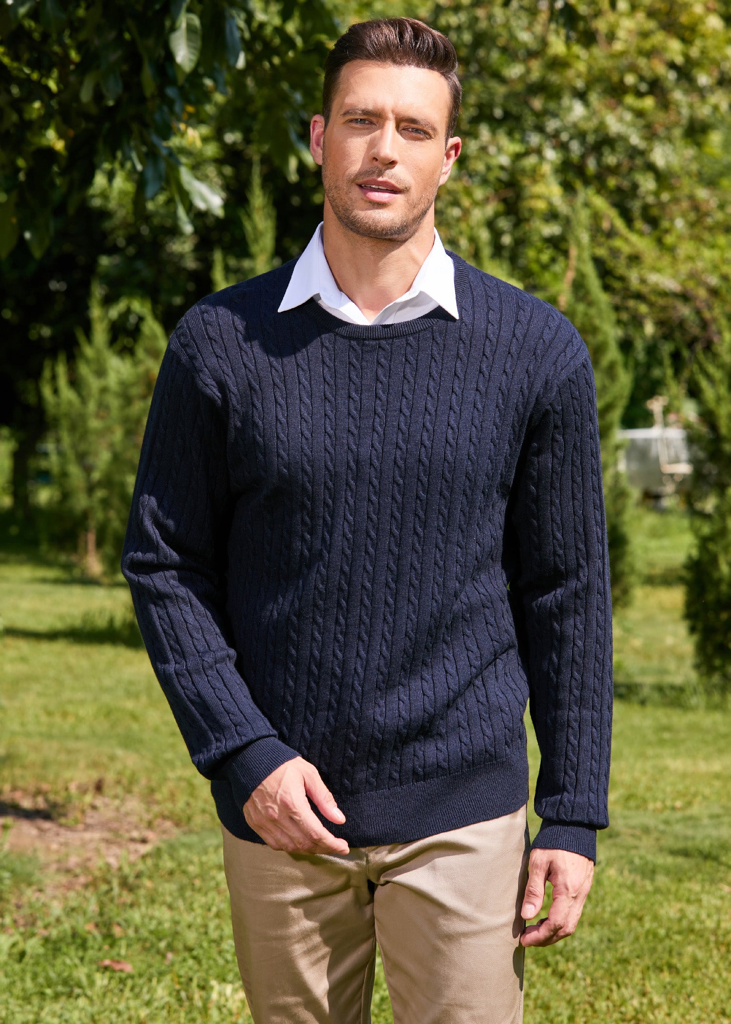 Men\'s Cashmere Blend Cable-Knit Crewneck Pullover Sweater - kallspinstore